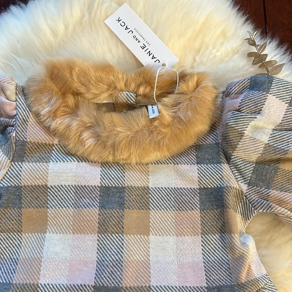 NWT Janie and Jack beige gray cream tartan faux fur party occasion holiday dress - Picture 2 of 3